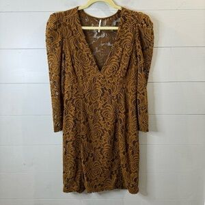 Free People | Brown Boho Crochet Lace V-Neck Mini Dress Size Small